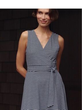 Sleeveless Navy and White Striped Wrap Midi Dress